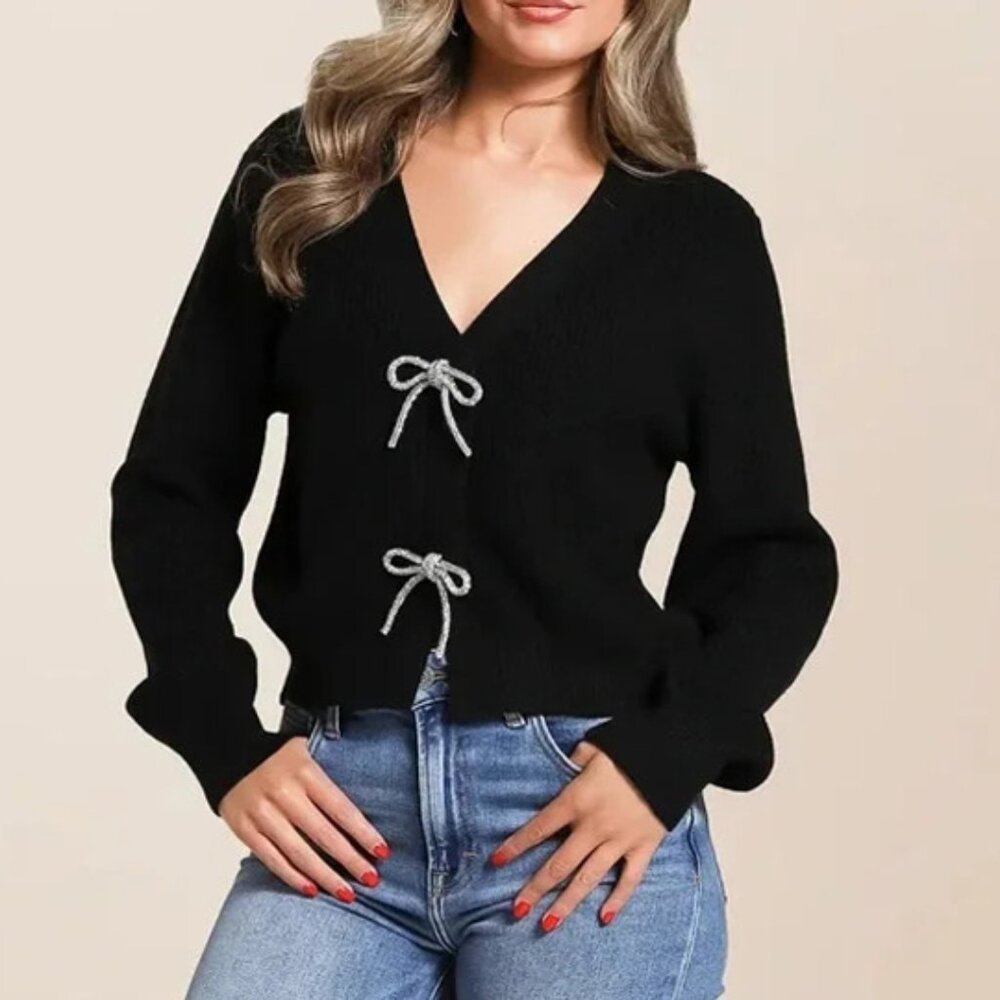 Dolan Anthropologie Women's Size M Rhinestone Bow Black Cardigan NWOT